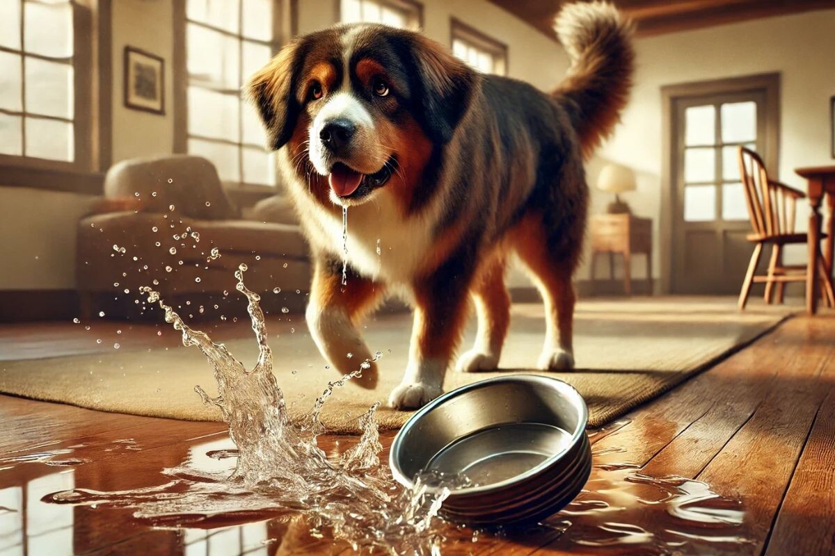 Собака разливает воду из миски