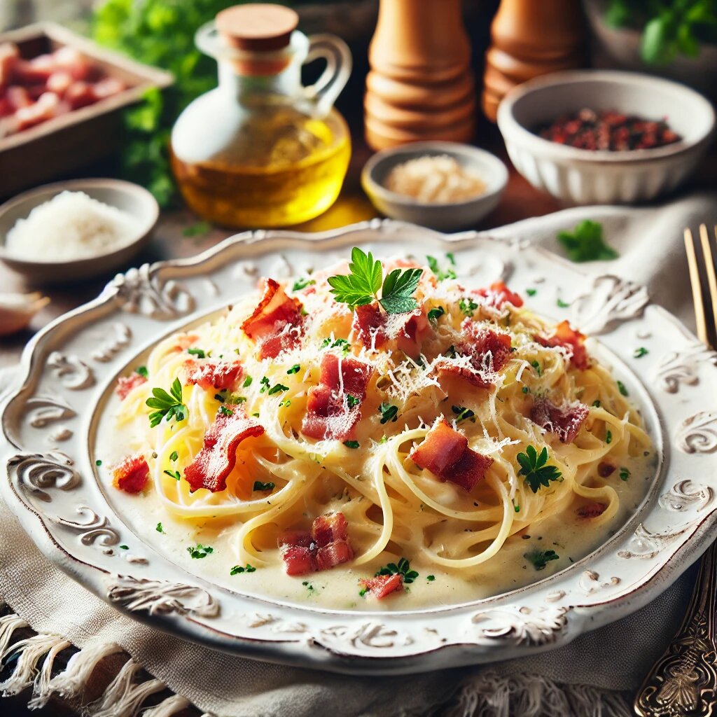 Золотая классика: Кремовая паста с беконом и пармезаном — вкус, который никогда не выйдет из моды. 🍝🧀✨