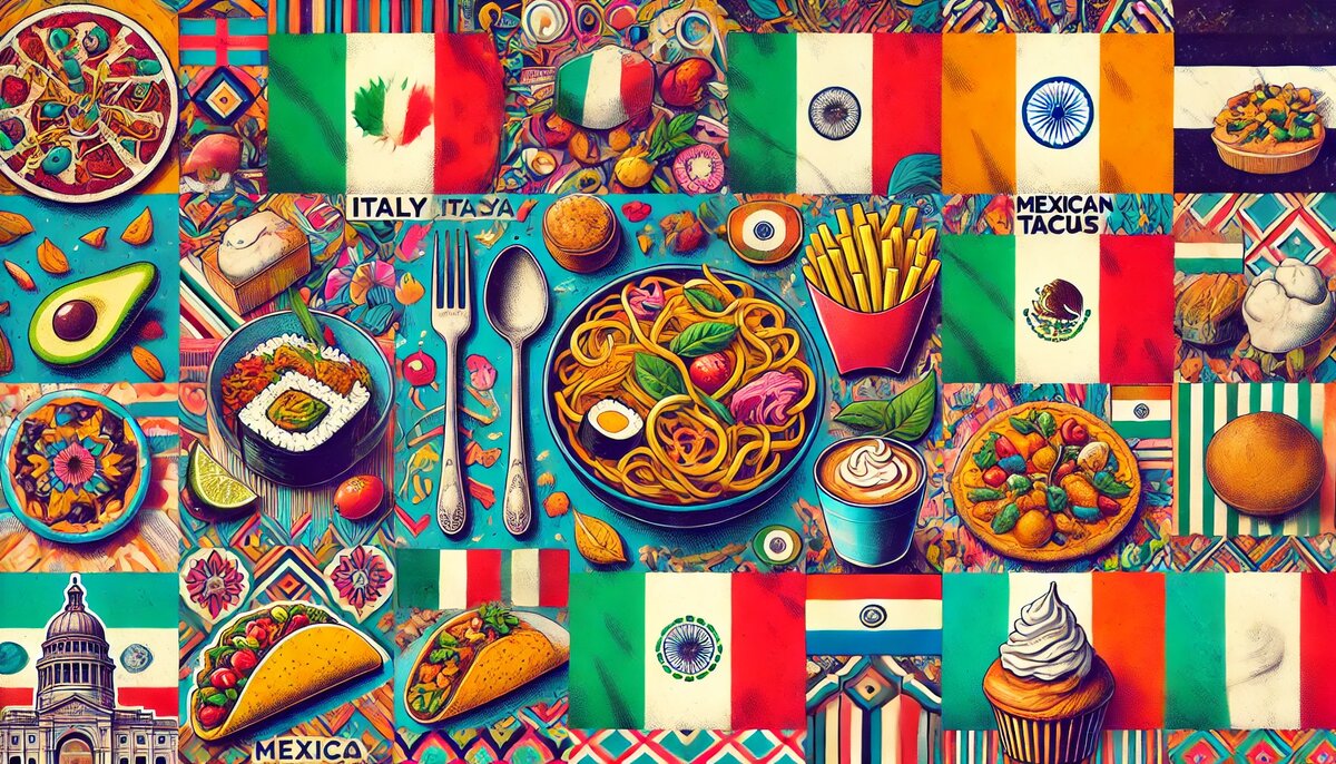 Мир на тарелке: Иконки мировой кухни — итальянская паста, японский боул, мексиканские тако, индийский карри и французские круассаны. Каждое блюдо передаёт атмосферу своей страны, создавая яркий коллаж вкусов и культур. 🍝🍣🌮🍛🥐