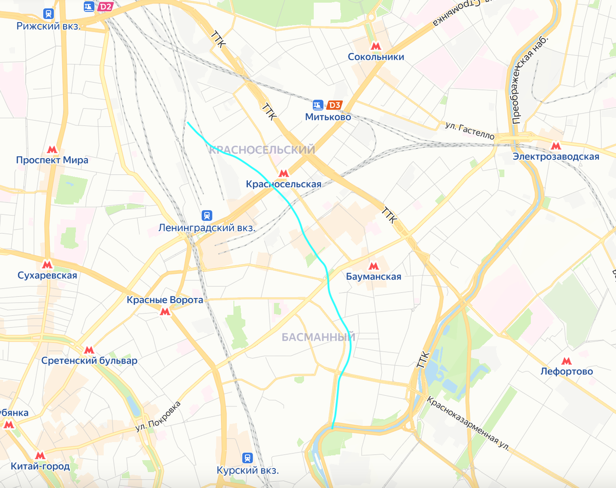 Очень схематичное изображение реки Чечёры на карте современной Москвы. Яндекс.Карты.