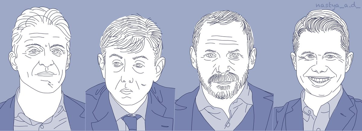 На изображении слева направо: Олег Тиньков (Тинькофф), Сергей Галицкий (ex-Магнит), Аркадий Волож (Яндекс), Федор Овчинников (Додо пицца).