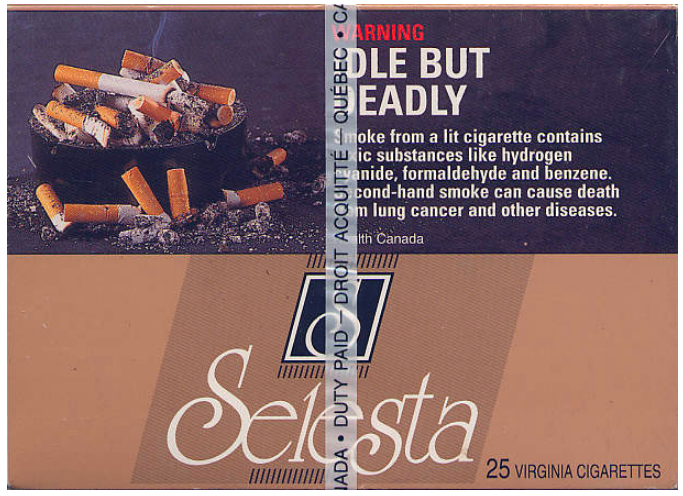 "Selesta". Канада, 2003 год. 25 штук с фильтром в выдвижной коробке и в целлофане. Смола 16-34 мг, никотин 1,2-2,5 мг. Производитель: "Bastos du Canada, Ltd.", Луисвилл. Владелец торговой марки: "Bastos du Canada".