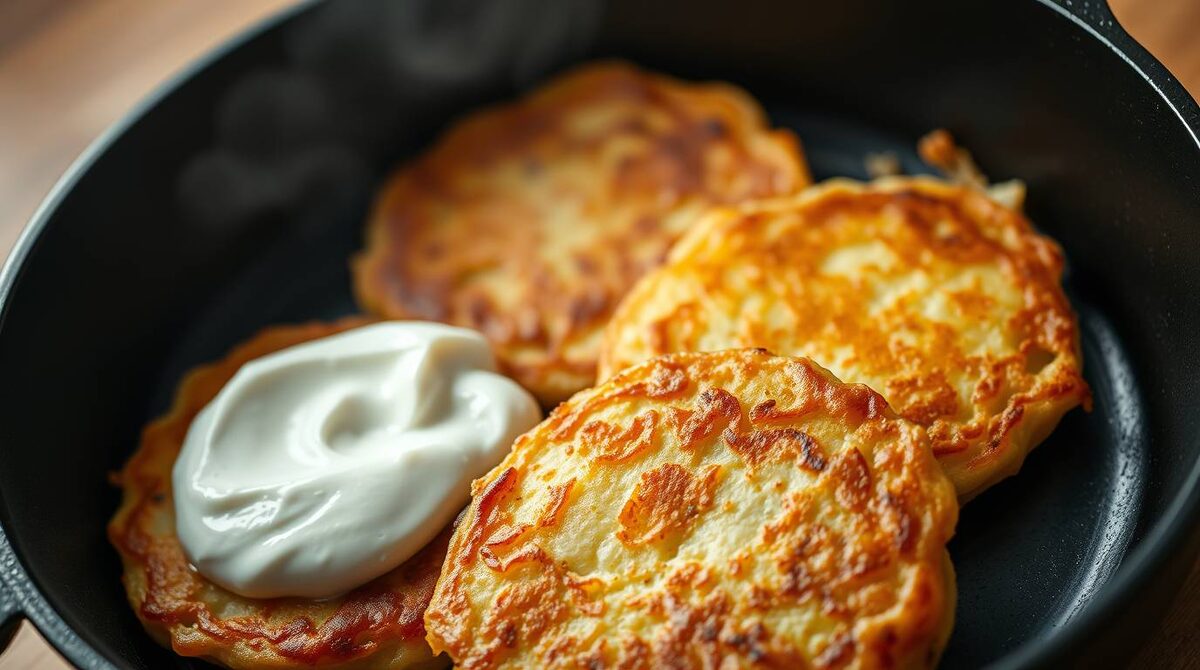 Драники со сметаной на чугунной сковороде