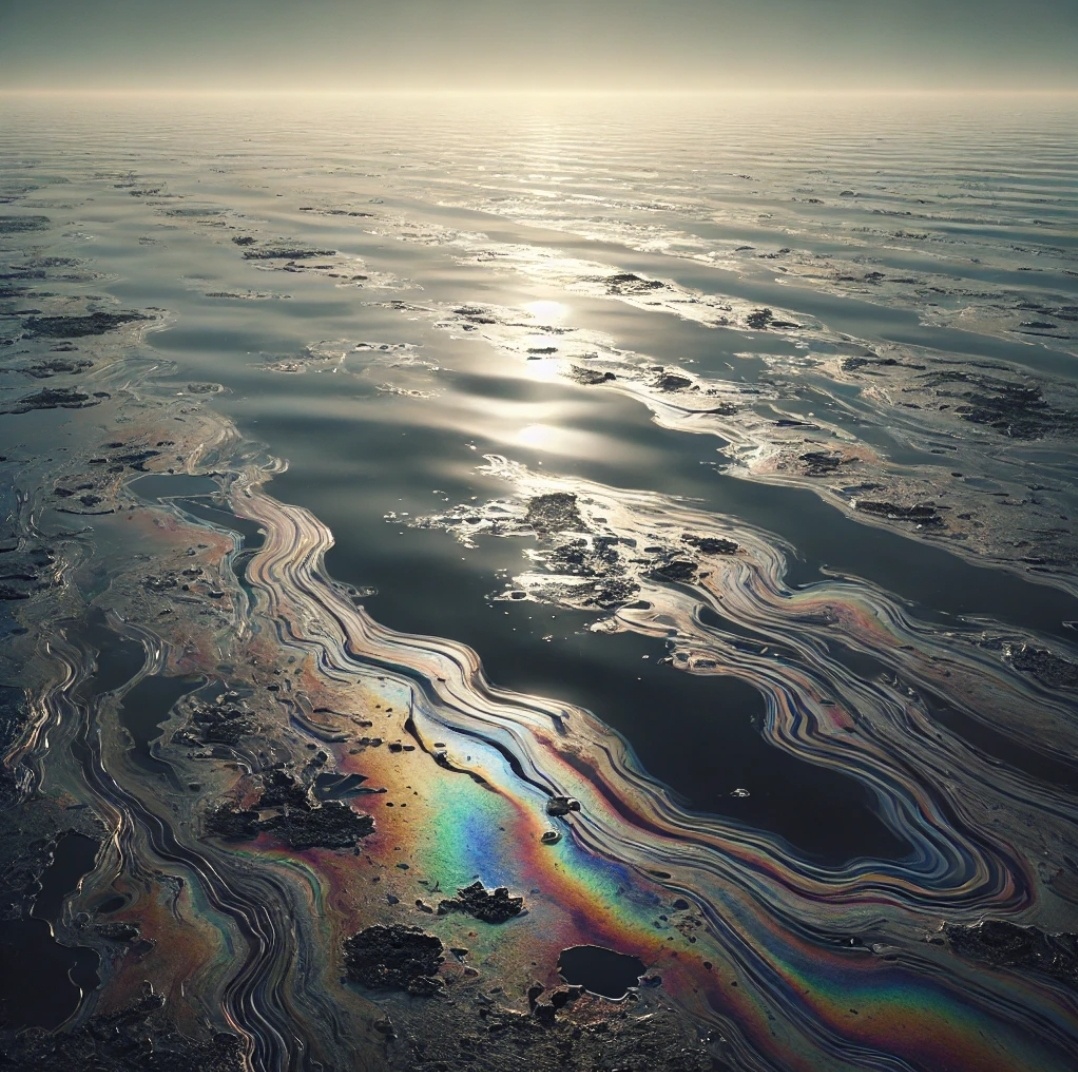 Бескрайнее море, покрытое густым слоем нефти, отражает мрачные цвета радуги. Вода выглядит тяжелой и темной, с масляными разводами, растянувшимися до горизонта. На берегу песок окрашен в черный цвет, с редкими обломками веток и мертвыми растениями, погруженными в токсичную жидкость. В воздухе витает ощущение загрязнения и упадка, усиливаемое серыми дождевыми облаками, которые низко нависают над морем. Легкий дождь падает, создавая мелкие круги на поверхности воды, но не смывая густую пленку загрязнения. Атмосфера печальная и тревожная, словно сама природа скорбит. Это современные реалии результата алчности человека и его моральной безнаказанности.