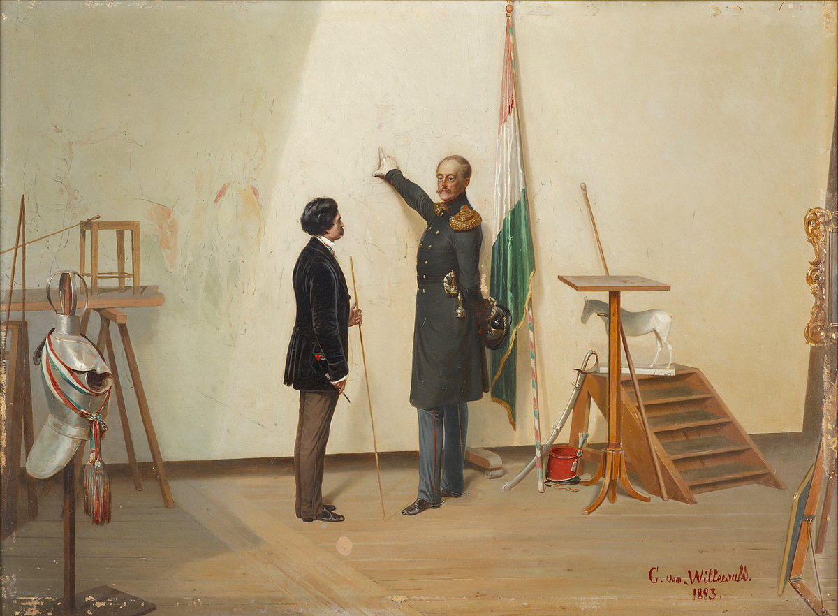 Это, конечно, не Брюллов, а Богдан Виллевальде «Император Николай I посещает мастерскую художника», 1883