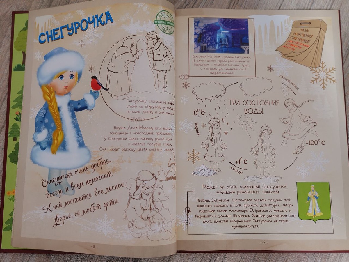 Разворот книги "Прямо в сказку" про Снегурочку. Купили эту книгу в Резиденции Снегурочки. Очень интересная. Детям очень понравилась! 