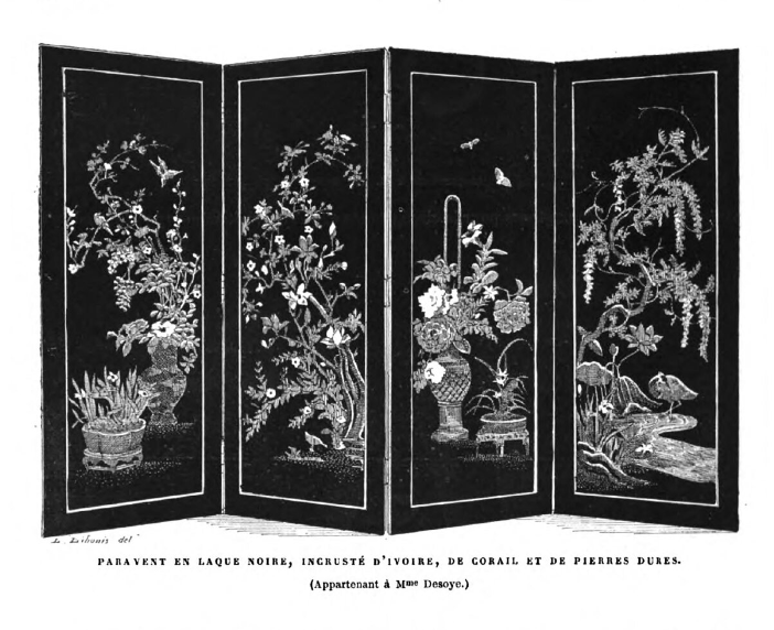 Лаковая ширма с инкрустацией слоновой костью и кораллом из магазина мадам Дезуа © Bibliothèque nationale de France