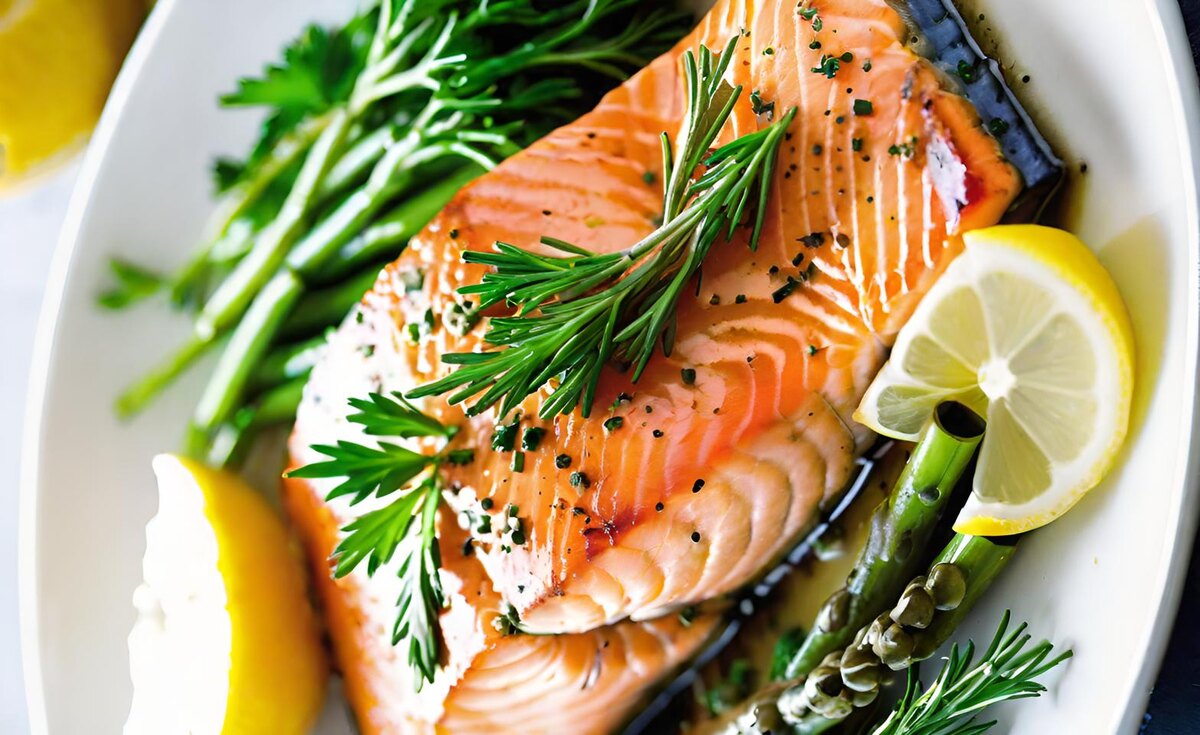 Запечённый лосось с лимоном и травами 
