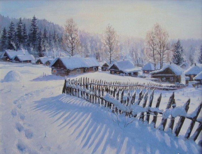 Картина Олега Пятина о деревенской деревне зимой.Фото картины взято с интернета.