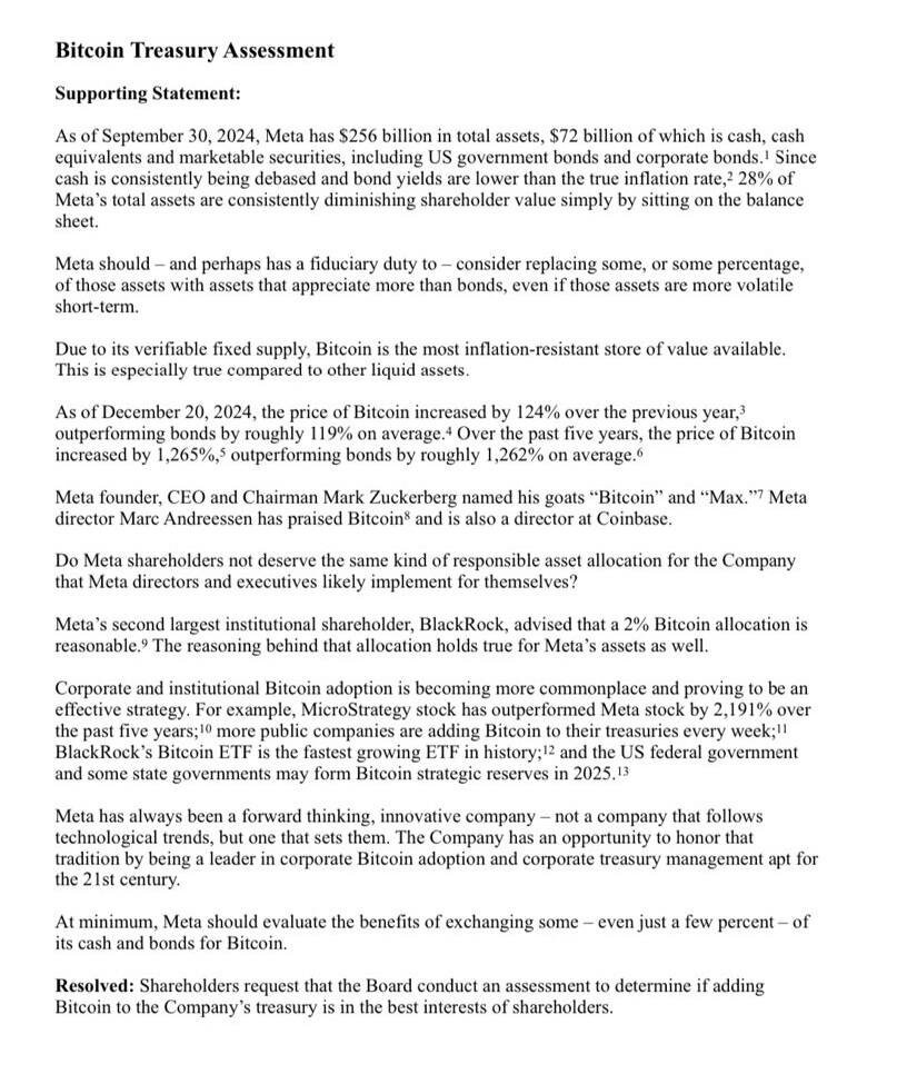 В последние годы биткоин стал популярным инструментом для сохранения капитала и защиты от инфляции. Неудивительно, что крупные корпорации начинают рассматривать возможность инвестиций в криптовалюты. Недавно сотрудники The National Center for Public Policy Research (NCPPR) предложили совету директоров Meta вложить часть из 72 млрд долларов в биткоин. Это предложение вызвало широкий интерес и обсуждение в финансовом мире 🚀.

Зачем Meta нужны инвестиции в биткоин?

Сотрудники NCPPR считают, что вложение в биткоин поможет Meta защитить свои резервы от обесценивания доллара. Текущие экономические условия характеризуются высокой инфляцией, что может привести к значительным потерям капитала. По оценкам, хранение резервов в долларах может привести к потере около 28% их стоимости в ближайшие годы 💸.

В отличие от традиционных валют, биткоин обладает фиксированным предложением, что делает его устойчивым к инфляции. Это свойство делает его привлекательным активом для долгосрочного хранения капитала. Более того, биткоин часто называют «цифровым золотом» благодаря его способности сохранять стоимость даже в условиях экономической нестабильности 💎.

Основные аргументы в пользу инвестиций

Защита от инфляции: Инфляция является одним из главных факторов, подрывающих покупательную способность фиатных денег. Вложение в биткоин может обеспечить защиту от этого явления, сохраняя ценность активов Meta 💰.

Диверсификация резервов: Диверсификация — это ключевая стратегия управления рисками. Включение биткоина в портфель резервов Meta может снизить зависимость компании от колебаний доллара и других традиционных активов 📈.

Рост популярности криптовалют: Биткоин и другие криптовалюты становятся всё более популярными среди институциональных инвесторов. Присоединение Meta к этому тренду может укрепить её позиции на рынке и продемонстрировать инновационный подход к управлению капиталом 🌍.

Возможные риски

