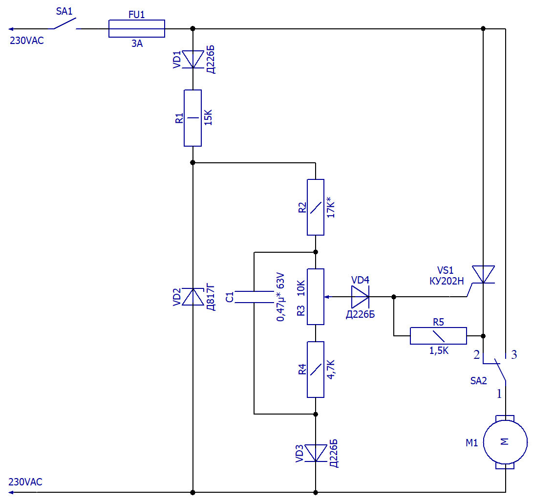 Схема электрическая принципиальная регулятора частоты вращения коллекторного электродвигателя 230VAC на тиристоре