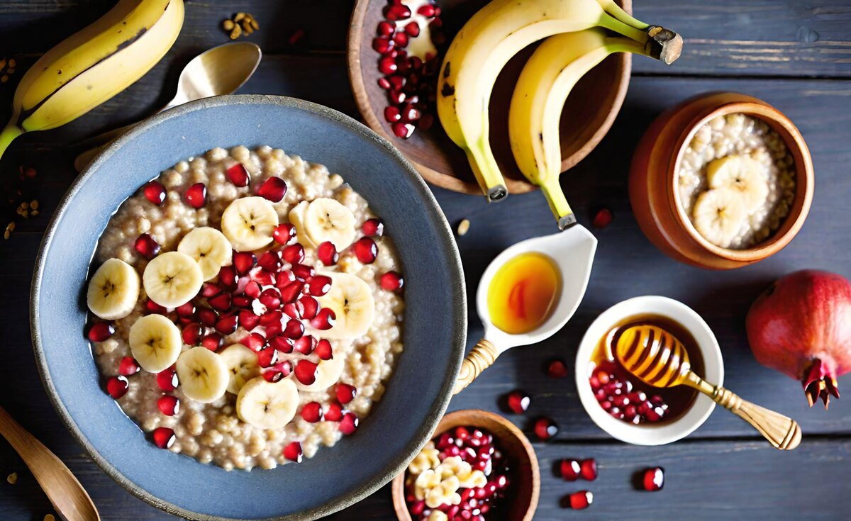 Пшеничная каша с бананом, гранатом и мёдом 