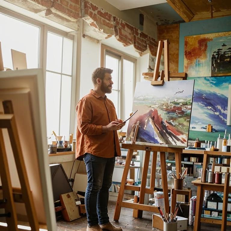 Художник созерцает свои полотна