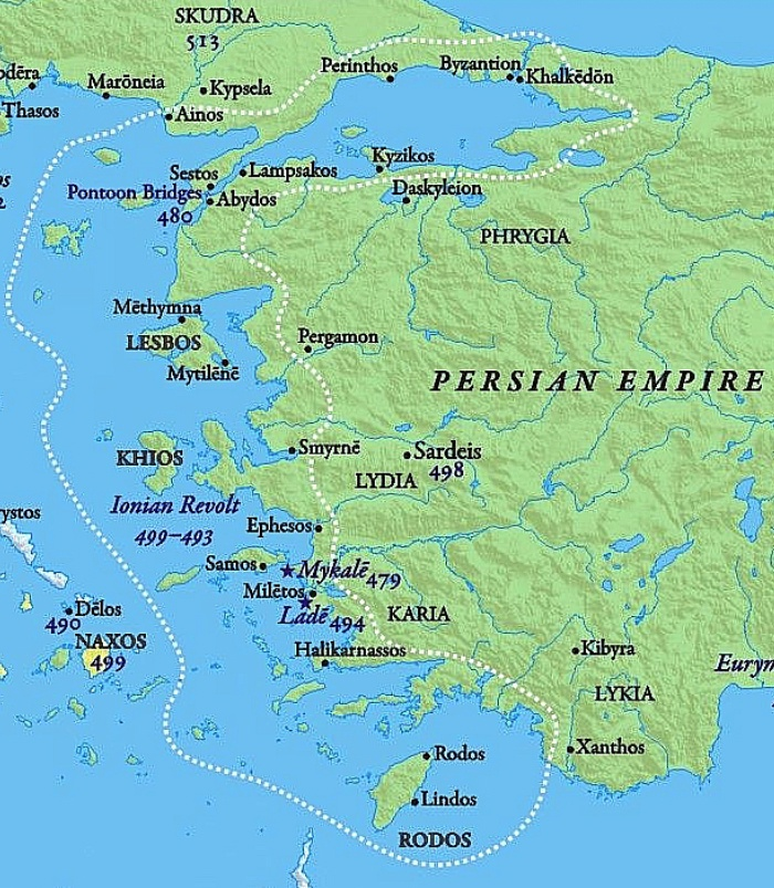 Белым пунктиром отмечены города, восставшие против Персии.