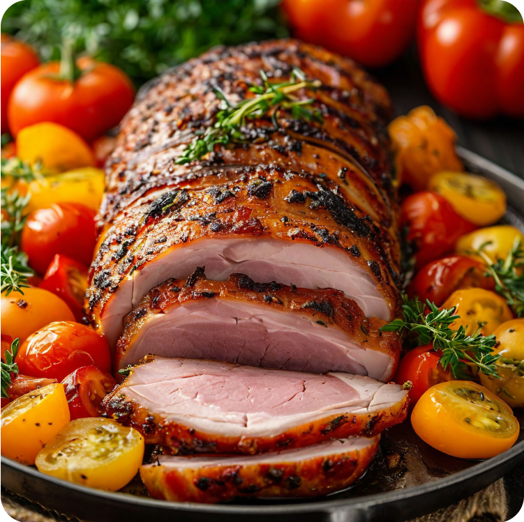 Запеченный свиной окорок нарезанный ломтиками с овощами