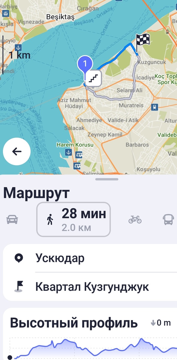 Проложила маршрут из Ускюдар до Кузгунджук