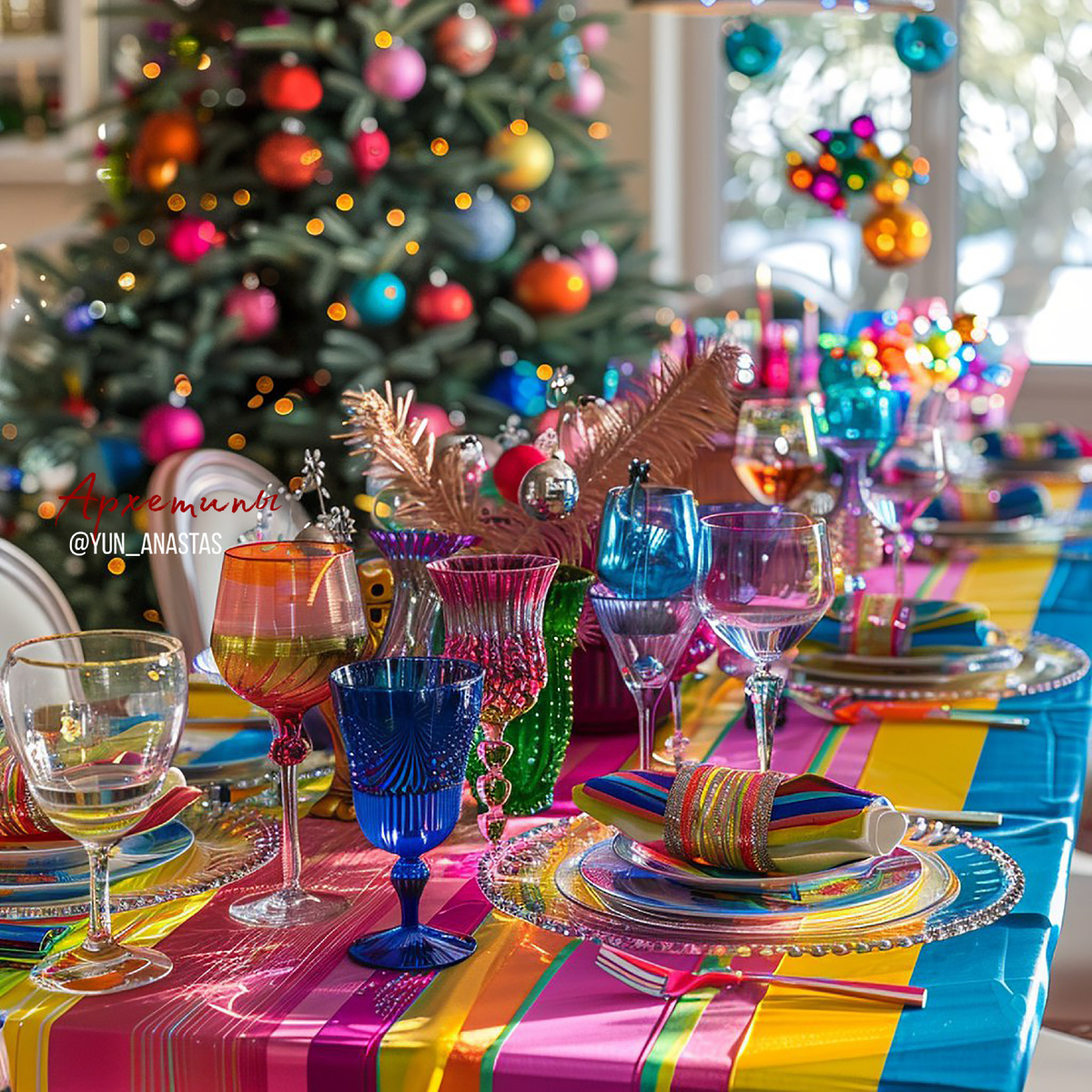 Яркая скатерть, яркая посуда, контрасты