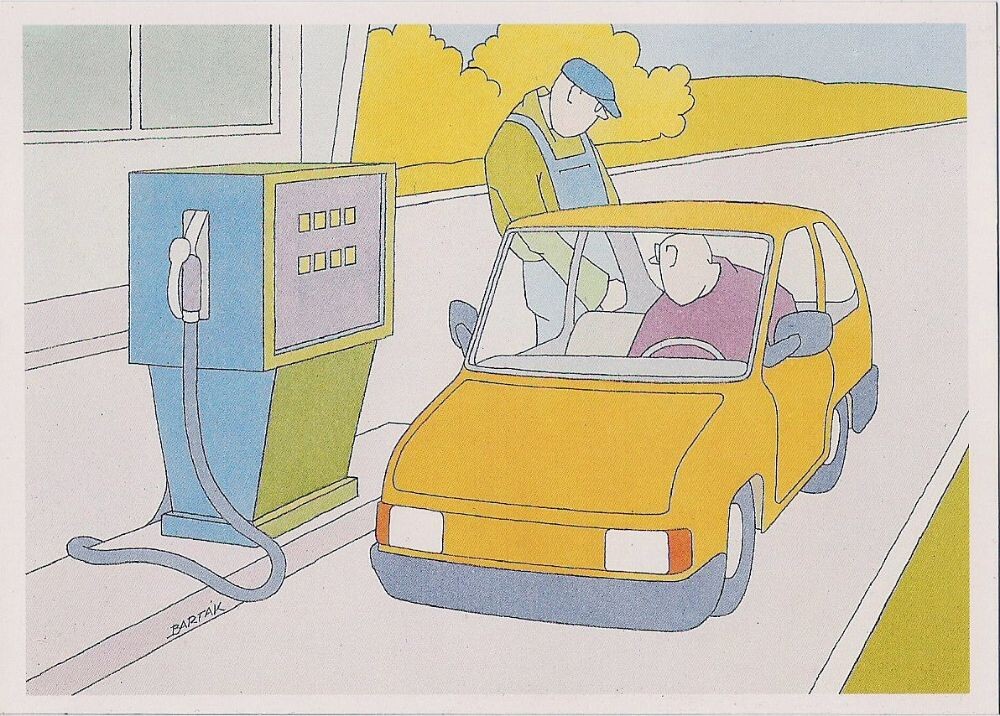 КАРИКАТУРА ОТ ЧЕШСКОГО ХУДОЖНИКА -КАРИКАТУРИСТА МИРОСЛАВА БАРТОКА / Miroslav Bartak  / ОДНАЖДЫ  НА ЗАПРАВКЕ