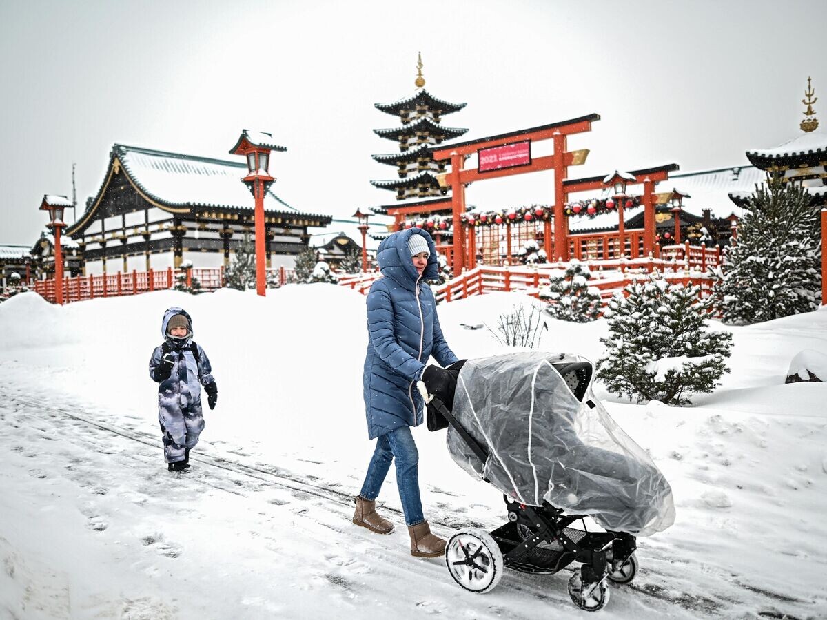    Женщина с детьми во время снегопада на территории городской ярмарки в московском районе Куркино© РИА Новости / Владимир Астапкович