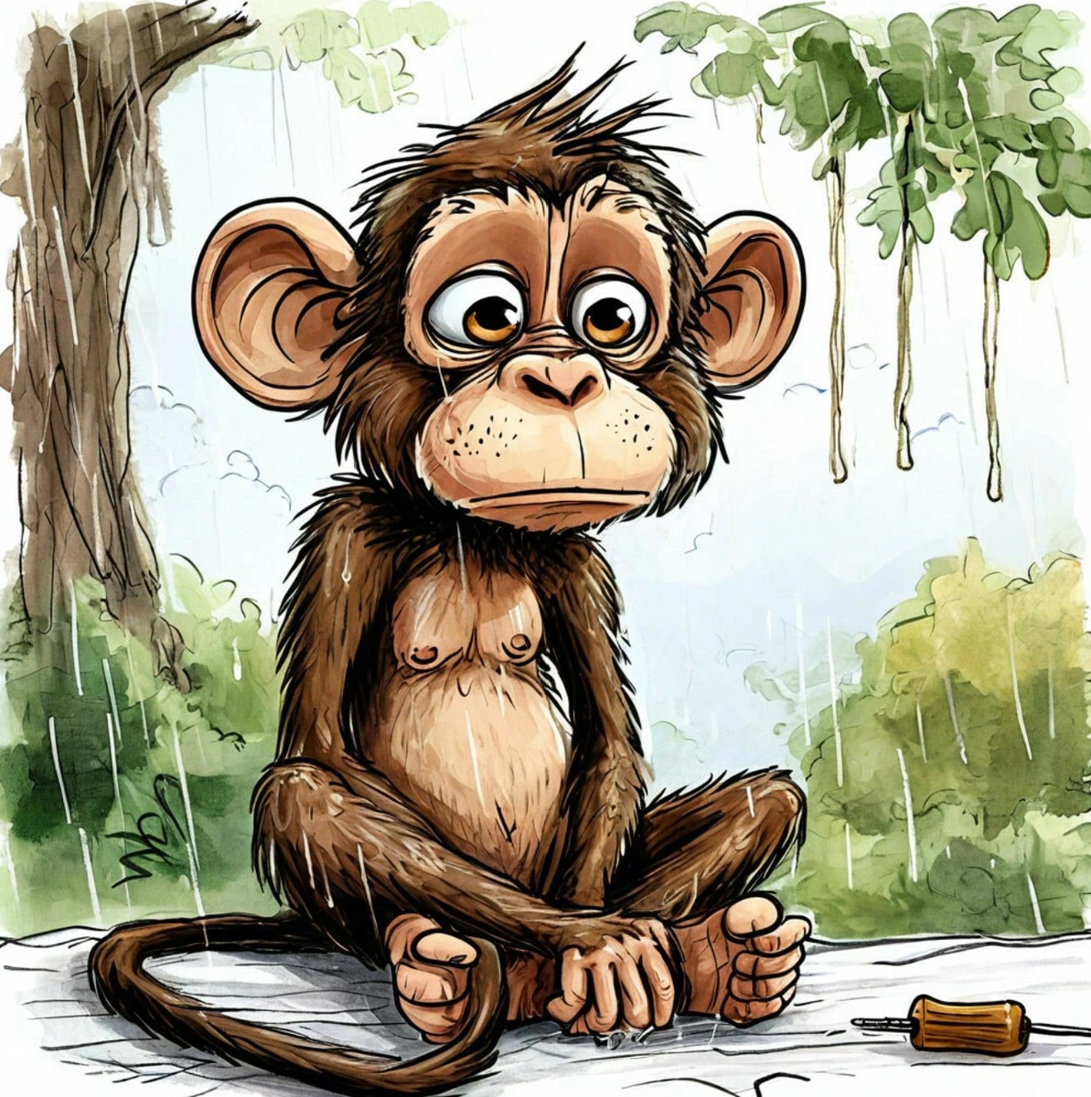 Грустная обезьяна плохое настроение мечта о своем доме сидит под дождем

рисунок на белом листе акварельными красками в стиле Сутеев