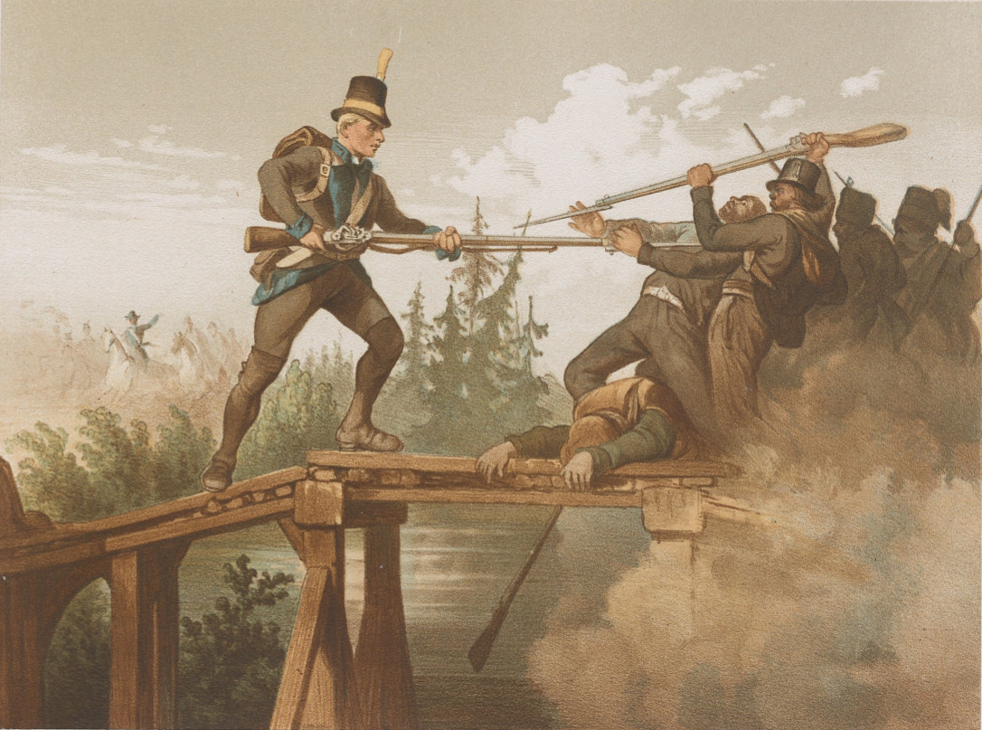 «Свен Тууве» картина Карла Теодора Стаафа. Иллюстрация к битве у моста Вирта27 октября 1808 года, последняя победа шведов в Финляндии. 1200 храбрых шведских солдат отбросили 7ми тысячную российскую армию, но после по решению коммандования вынуждены были отступить на более выгодные позиции