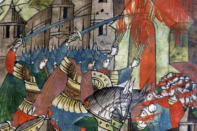 Миниатюра Лицевого летописного свода. Середина XVI века. Лист 307. Хан Батый сжигает Рязань. Взято из открытых источников.
