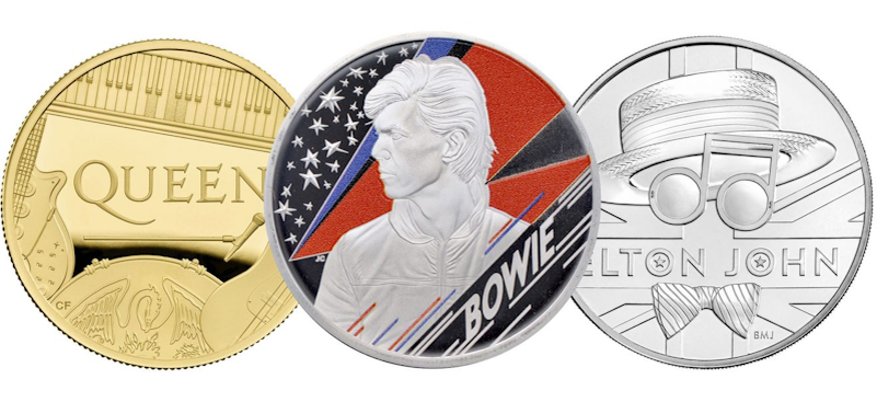 Монеты, посвященные группе Куин, Дэвиду Боуи и Элтону Джону.