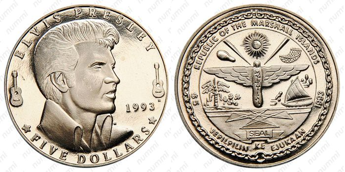 Элвис на пятидолларовой монете Маршалловых островов.
