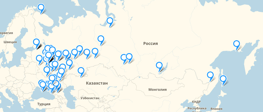 На карте представлены города доставок за 2016-2024 года
