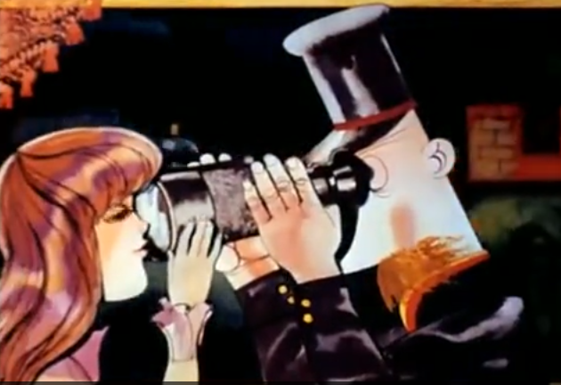 Кадр из мультфильма. Контроллер в поезде и Алиса: "ты едешь не в ту сторону"