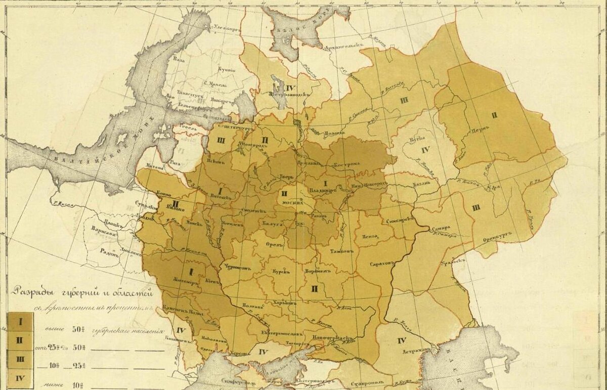 Карта % крепостных, на севере они кончались у Вологоды и Петрозаводска. 