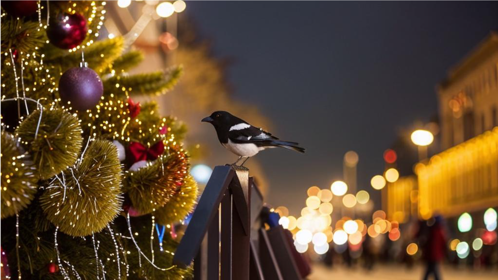 Сорока ищет денежки на красиво украшенных улицах