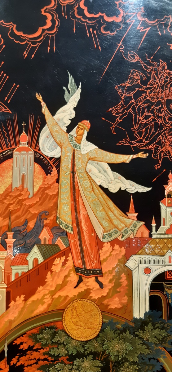 Триптих "Слово о полку Игореве". "Плач Ярославны". Н.П. Лопатин. 1990. Палех. Папье-маше, лакт, твореное золото, миниатюрная живопись. Коллекция В.И. Некрасова, Москва.