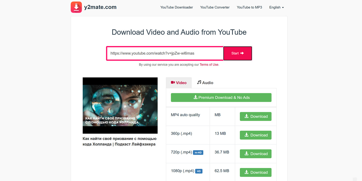 Меню выбора качества при скачивании через y2mate