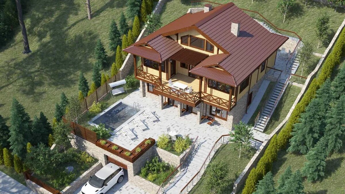 Вид на загородный дом по проекту "Мускат" компании NATURI