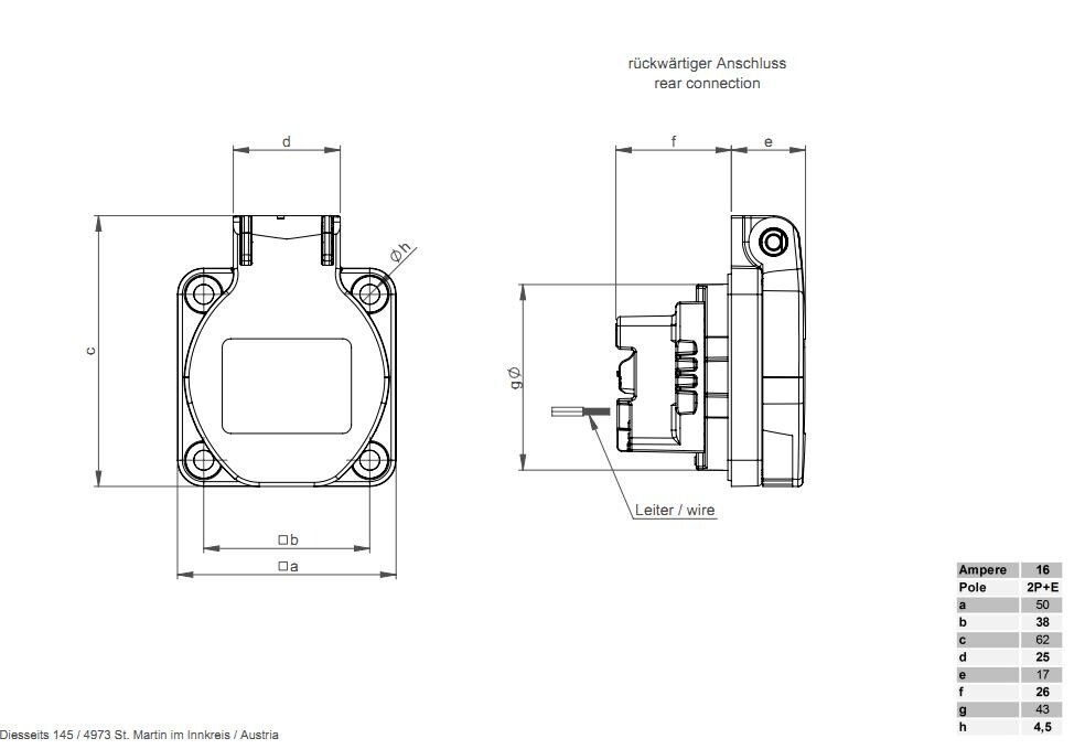 Чертеж розетки PCE-16A-250V-2P-E-IP54 (Австрия)