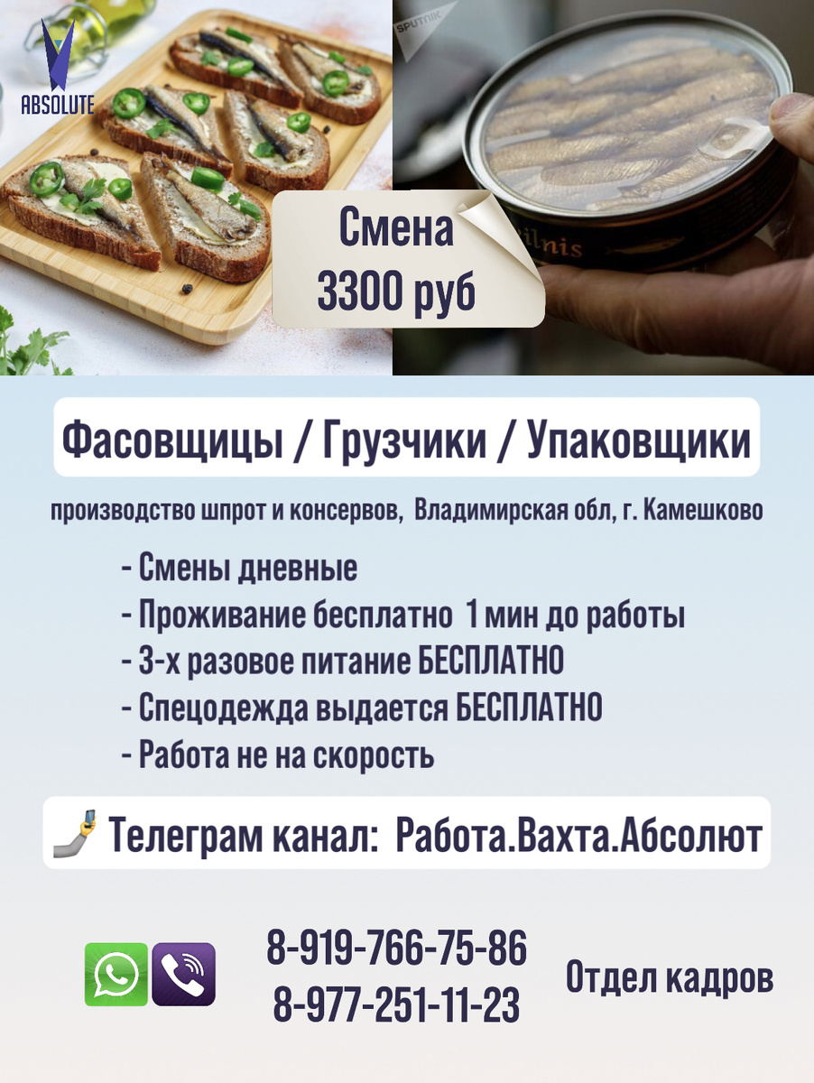 ОТКРЫТЫ ВАКАНСИИ 
Контакты ОТДЕЛА КАДРОВ 👇🏻

☎️ 89197667586 (WhatsApp)
http://wa.me/79197667586

☎️ 89772511123 (WhatsApp)
http://wa.me/79772511123

ПОДПИШИСЬ ✅
🤳🏽 https://t.me/vahta_ok
Наш Телеграм канал с видео о работе и отзывами сотрудников: Работа.Вахта.Абсолют