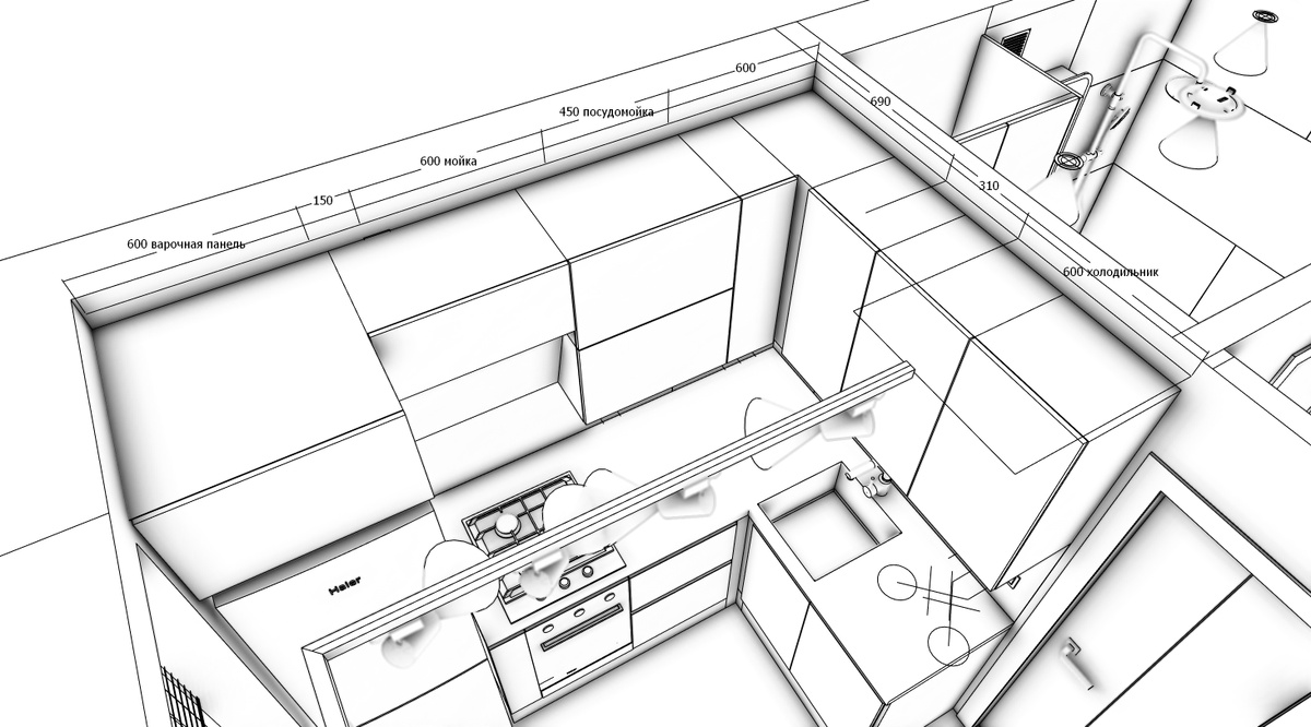 На размерах показан альтернативный вариант планировки кухни