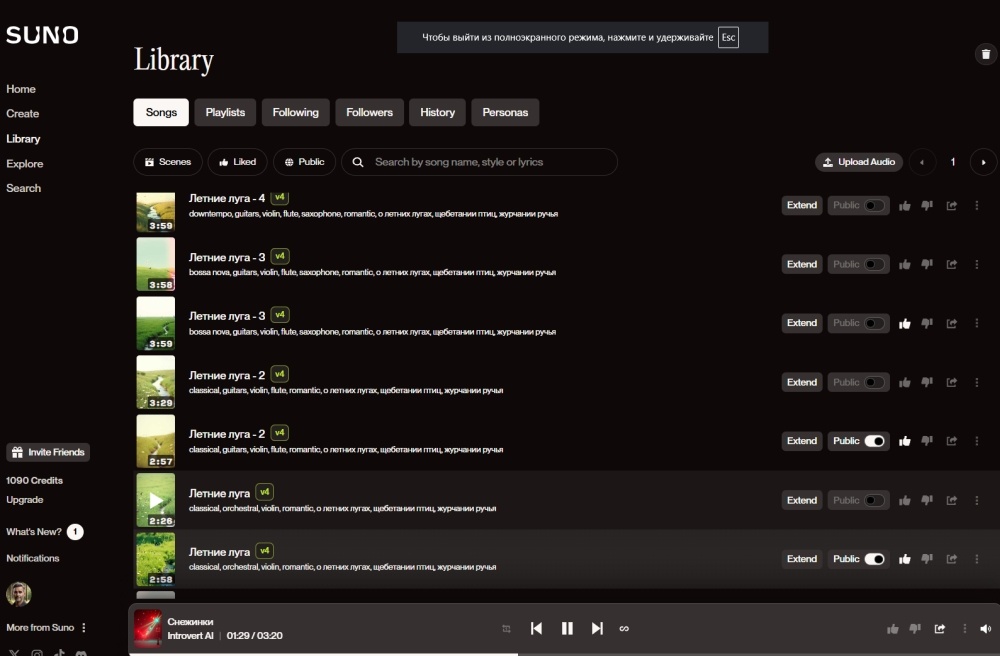 Это страничка Suno, где видны разные версии Инструменталки с одинаковым описанием.