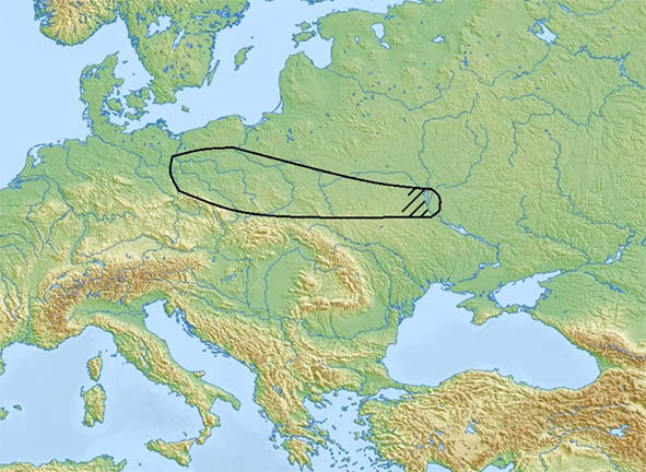 Тщинецкая культура (штриховкой выделена вероятная прародина славян)