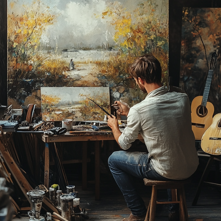 Холст, кисть, краски. Гитара.