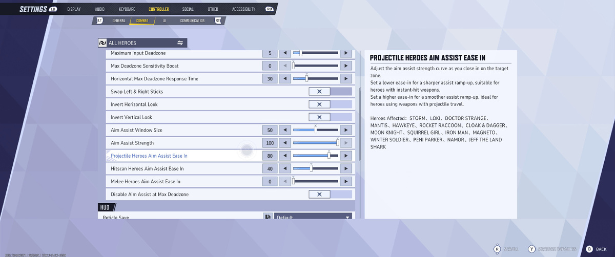 Меню контроллера Marvel Rivals позволяет любому игроку, использующему контроллер, настроить несколько параметров помощи при прицеливании. 