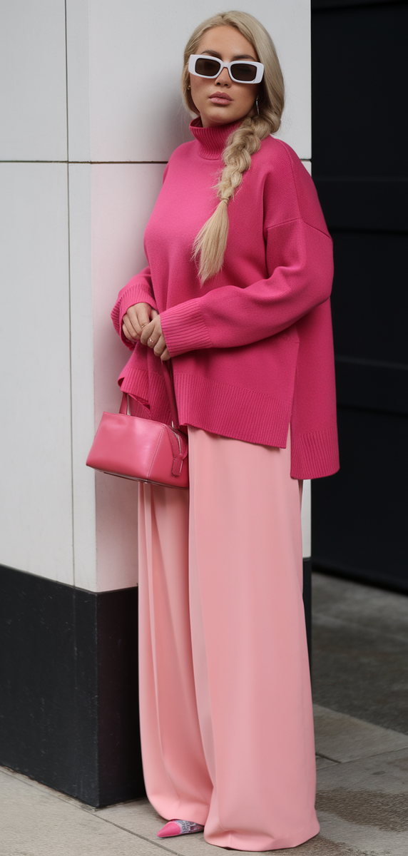 Уютный ярко-розовый объемный свитер в паре с струящимися широкими брюками цвета румян, создавая смелый монохромный весенний модный образ. Высокий вырез свитера и свободный крой обеспечивают расслабленную атмосферу, а брюки добавляют изысканности. 