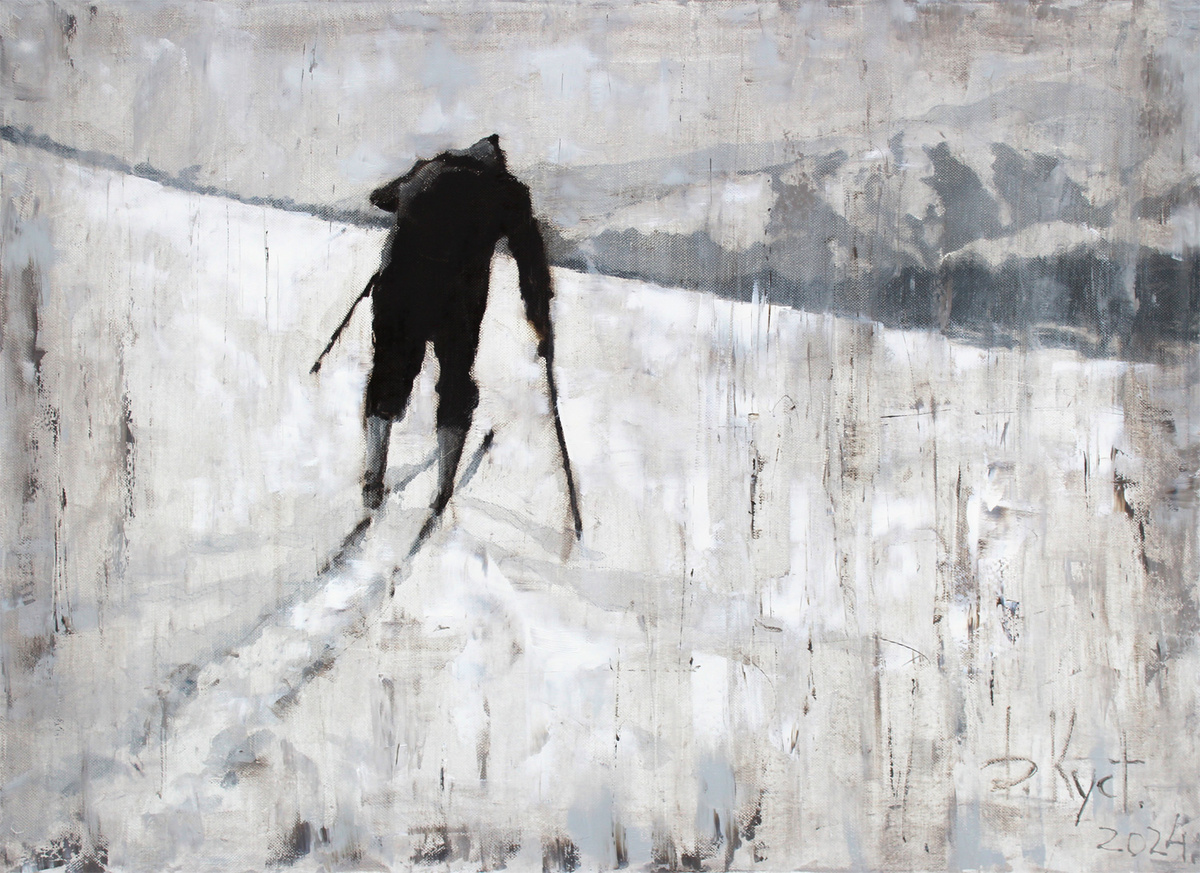 Художник Дмитрий Кустанович. «Пастор Шлаг идёт на лыжах» из серии «Фактура кино», 80x110 см, холст, масло, 2024