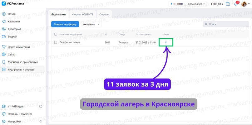 Запуск тестовой рекламной кампании для детского городского лагеря в Красноярске