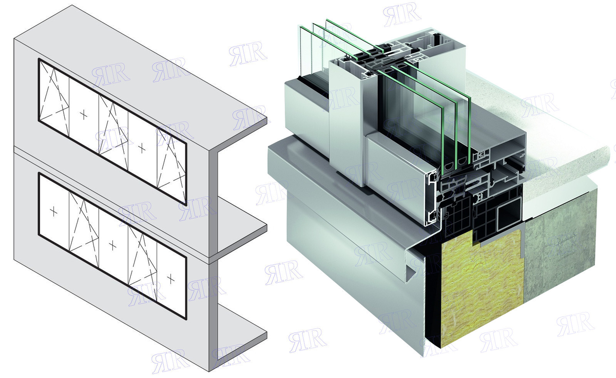 Вариант исполнения ленточного фасадного остекления алюминиевой системой Шуко FWS 60 CV
