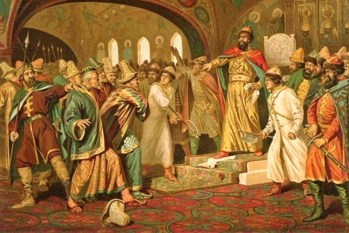 Иван III свергает татарское иго, разорвав изображение хана и приказав умертвить послов. Картина Н.С. Шустова, 1862