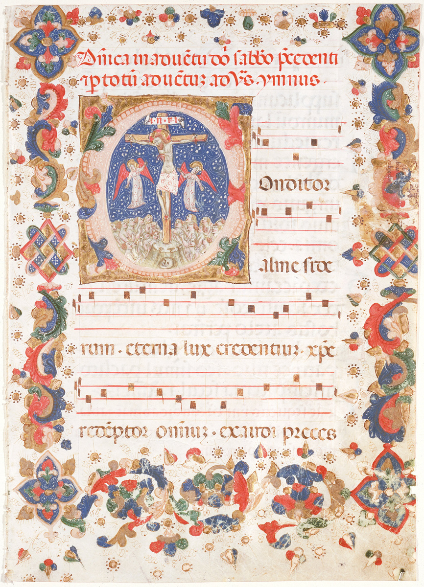 Распятие с толпой просителей, ок. 1425-1464. Эта иллюминированная страница из антифонария, хоровой книги. Большой формат позволял нескольким членам хора использовать её одновременно. Приписывается Бертолино де Гросси. Коричневые и красные чернила, гуашь, позолота и свинцовая линовка на пергаменте. Миниатюра, изображающая Распятие Христа, также представляет собой буквицу C.