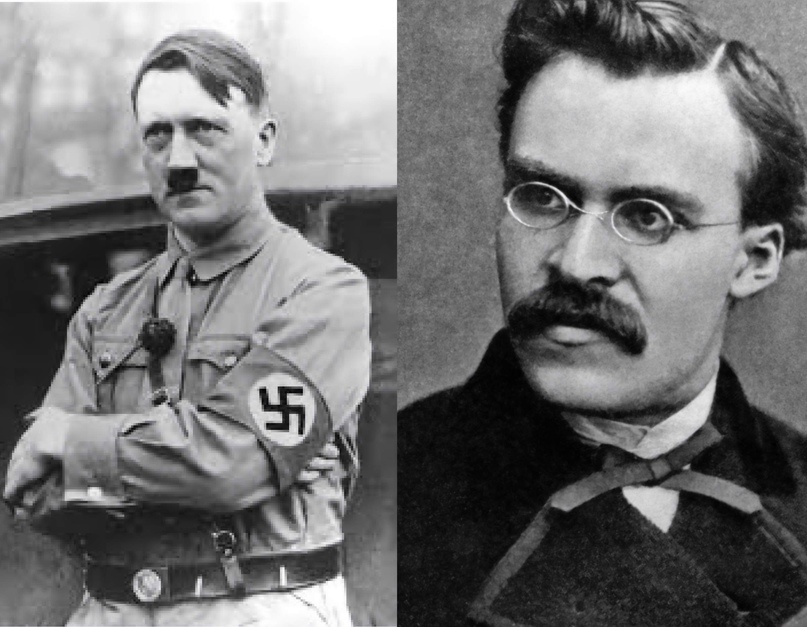 Слева Адольф Гитлер, справа немецкий философ Фридрих Ницше