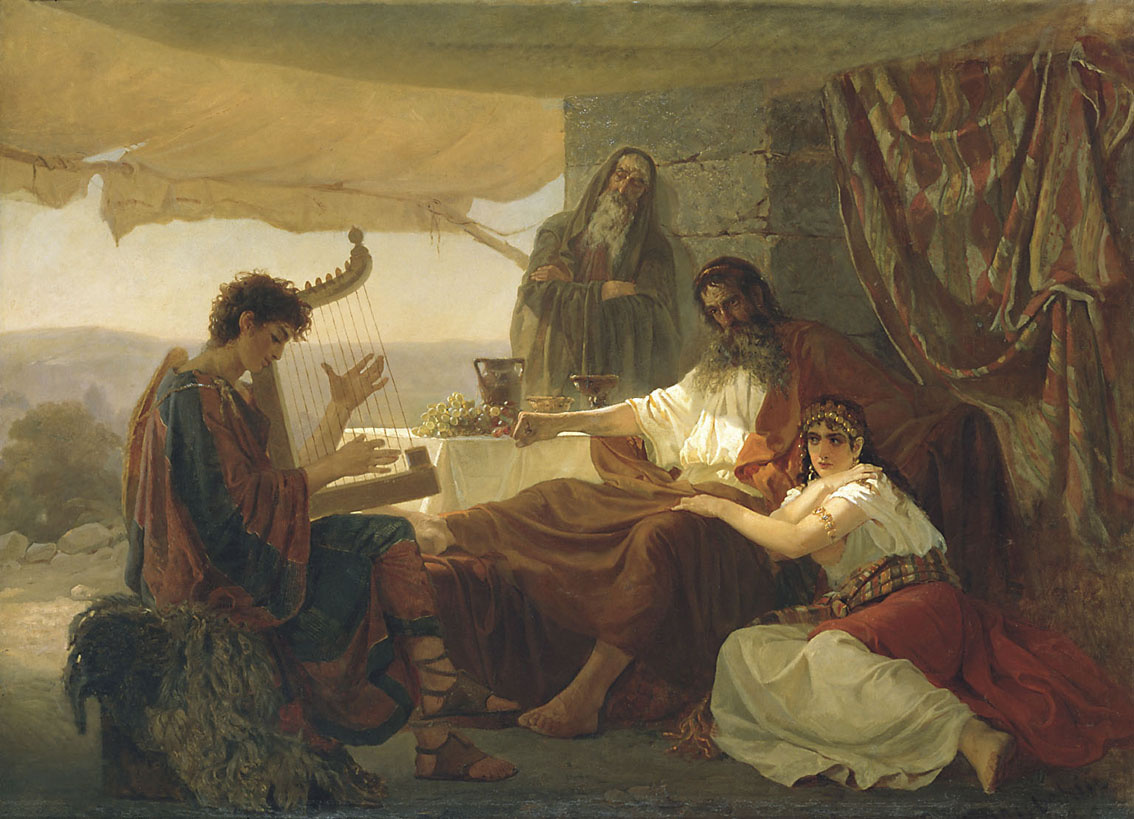 Николай Петрович Загорский: Давид играет на гуслях перед Саулом. 1873. Холст, масло. 124 x 180 см. Русский музей, С.-Петербург
